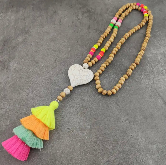 Wooden Beads with Heart Magnesite and Cotton Tassel