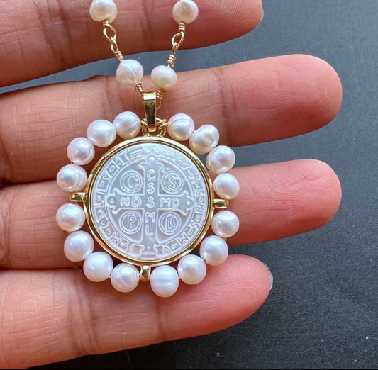 St. Benedict Medallion Pearl Necklace | Erika Williner Designs