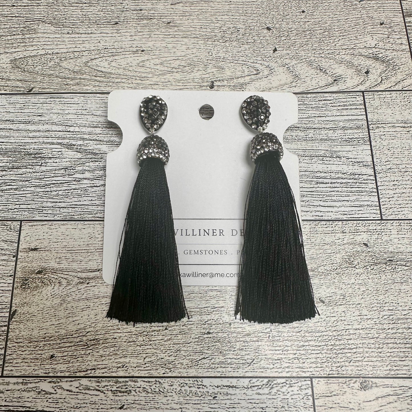 Pave embellished post earrings with silk tassel 230-14 | Erika Williner Designs