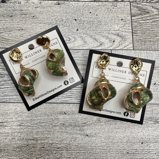 Green Turbo Shell earrings with Gold Post | Erika Williner Designs