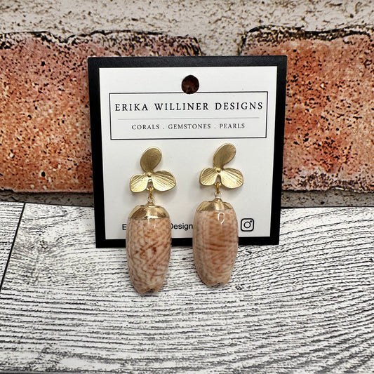 Olive Seashell Earrings with Metal Flower Posts | Erika Williner Designs