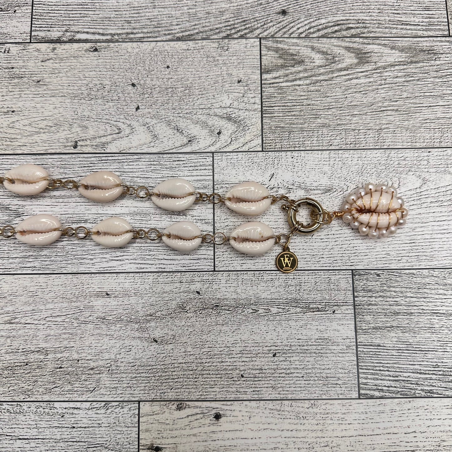 Cowry Shells Necklace with Italian Clasp And Cowry and pearls Pendant | Erika Williner Designs