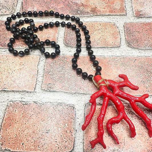 Black agate with red coral pendant necklace | Erika Williner Designs