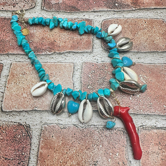 Turquoise, coral and shell short necklace | Erika Williner Designs
