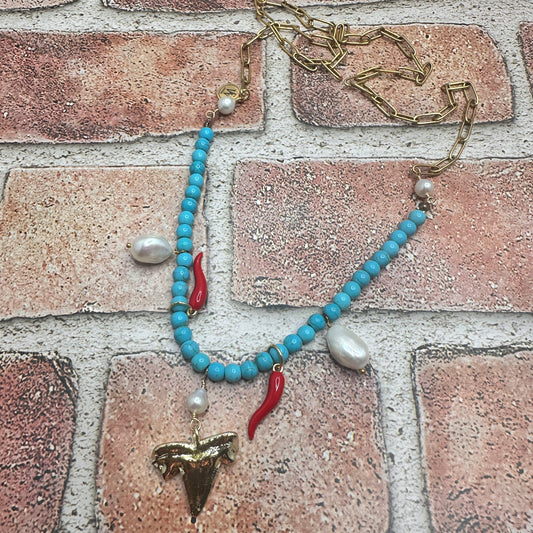Long Necklace with turquoise beads, pearls and shark tooth | Erika Williner Designs