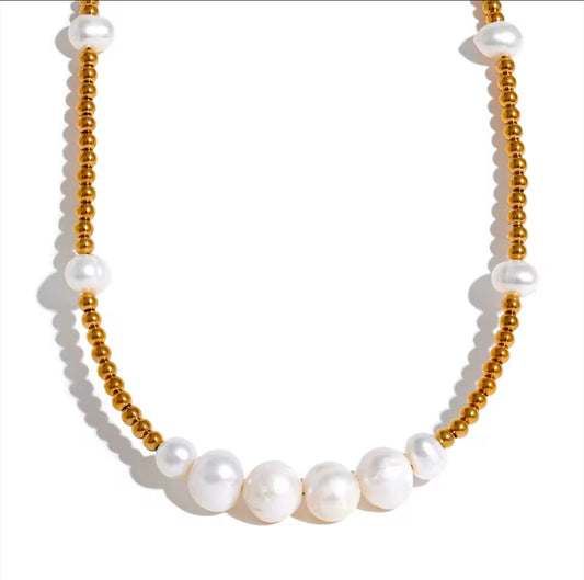 Stainless Steel beaded necklace with Fresh water pears | Erika Williner Designs