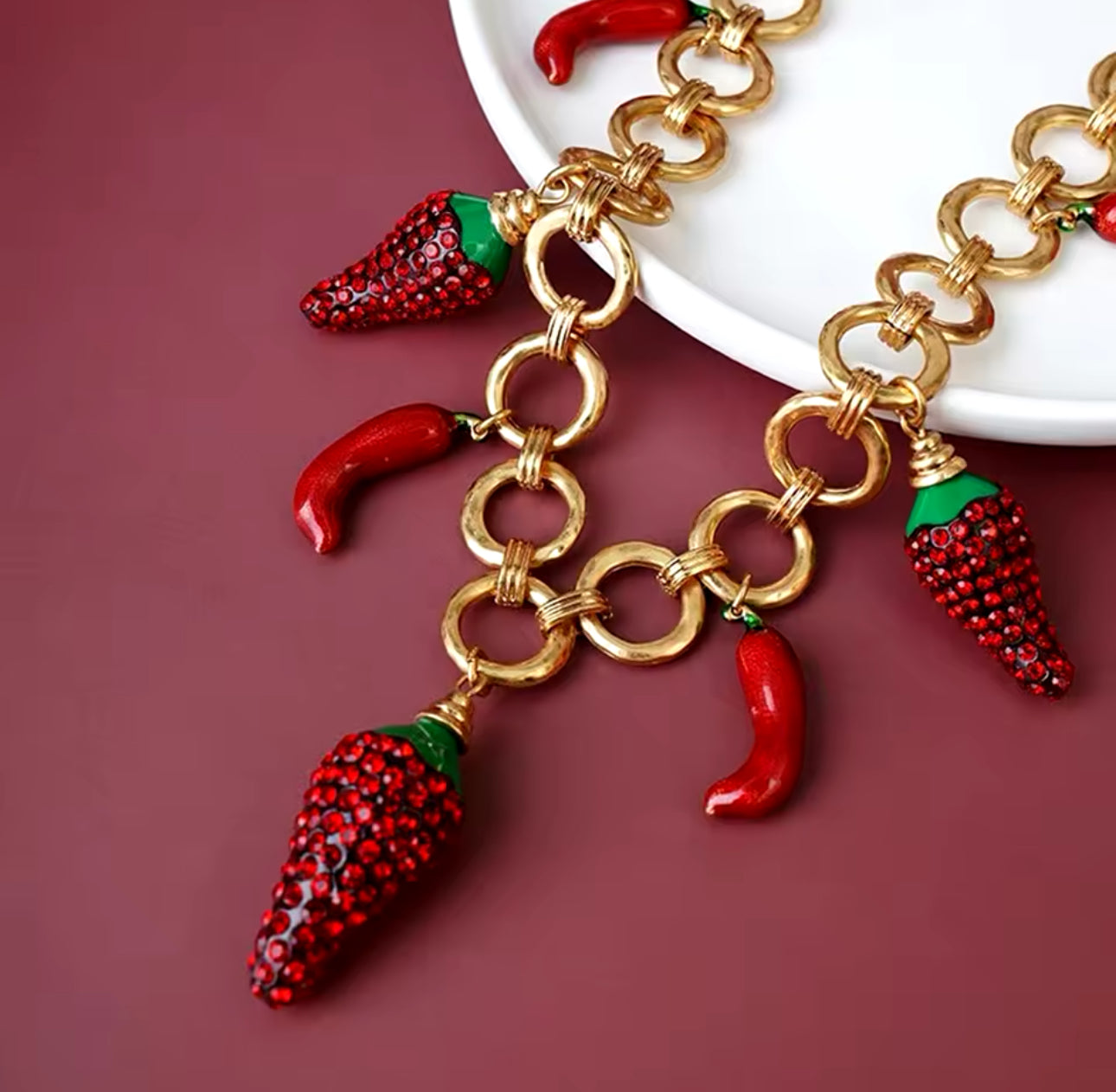 Gold Plated Chain Necklace with Red Chili Peppers as Charms | Erika Williner Designs