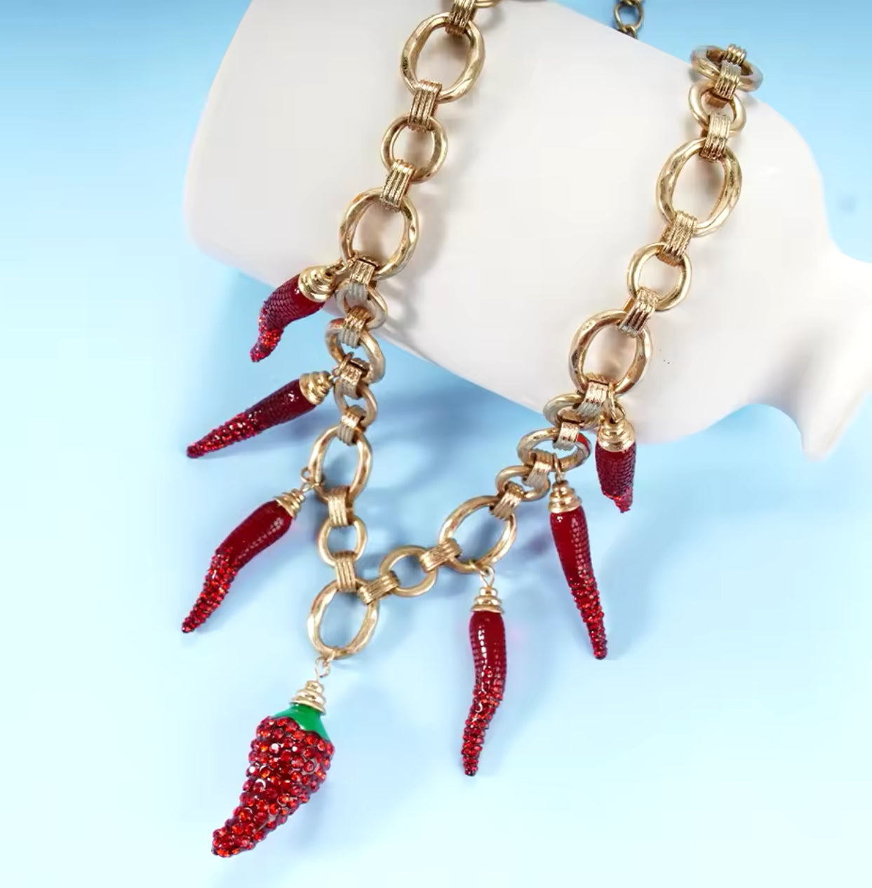 Gold Plated Chain Necklace with Red Chili Peppers as Charms