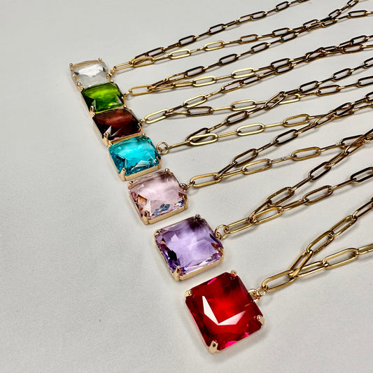 Paper Clip Chain Necklace with Cushion Crystal Pendant | Erika Williner Designs