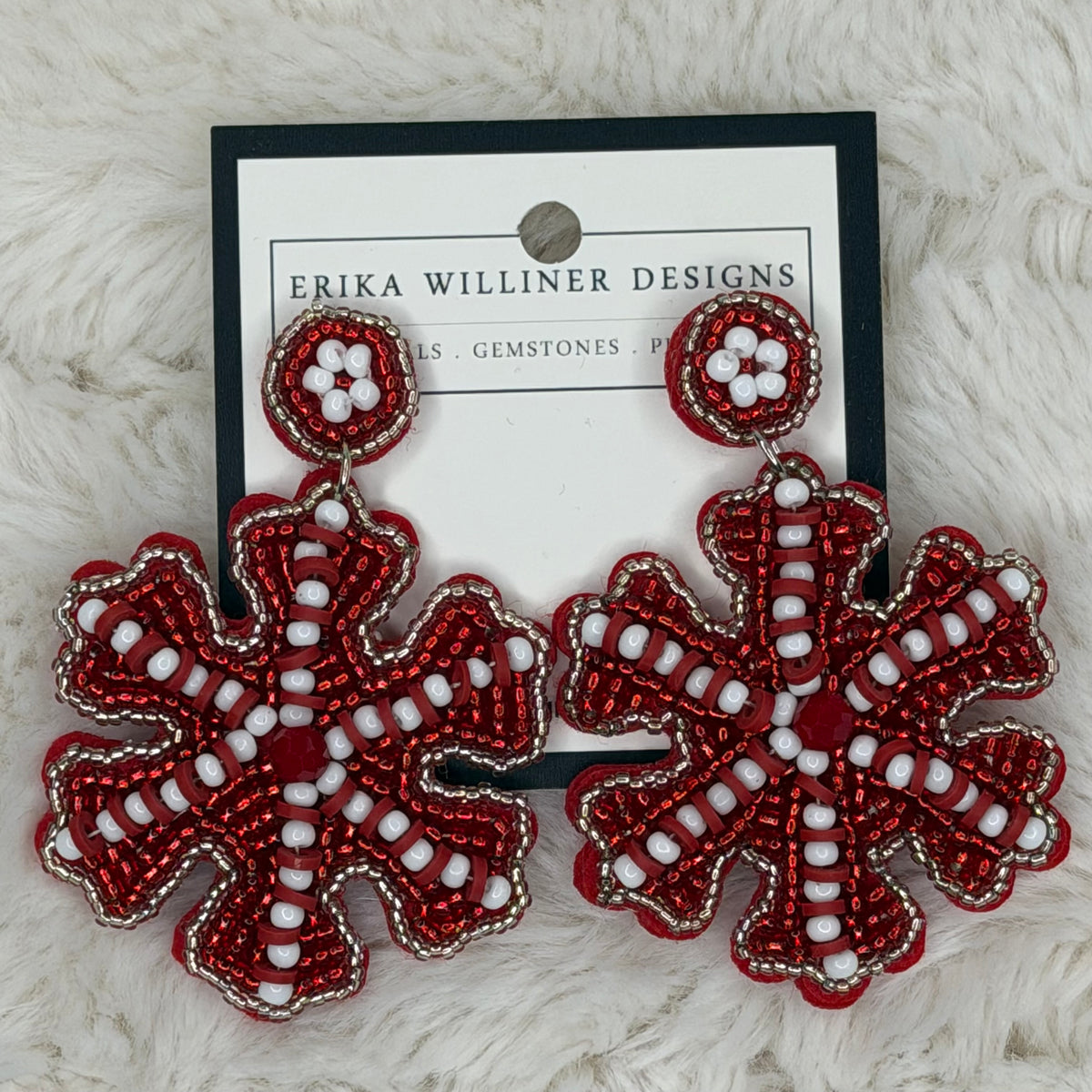Red Beaded Snowflake Earrings | Erika Williner Designs