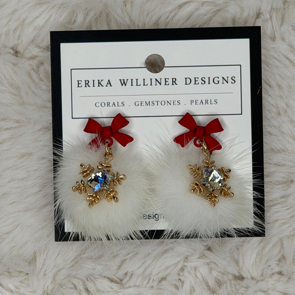 Sparkly Dainty Snowflake Earrings with Red Bow and Fur | Erika Williner Designs