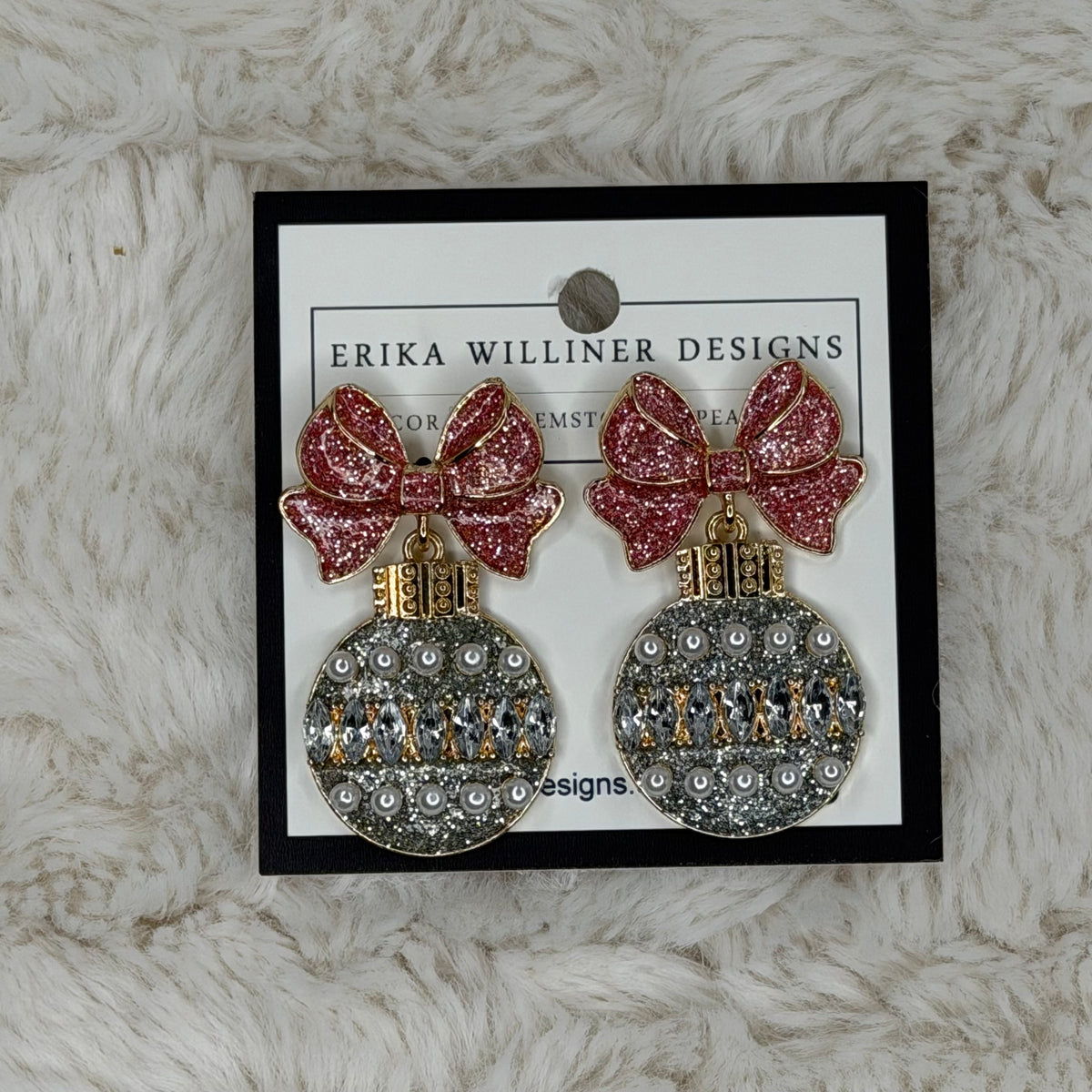 Grey Enamel and Pink Bow Christmas Ornament Earrings | Erika Williner Designs