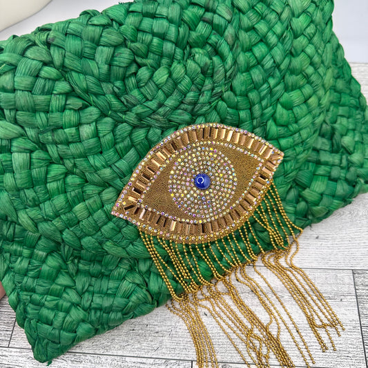 Green Clutch with Evil Eye with Fringes | Erika Williner Designs