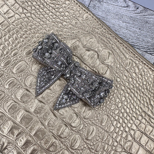 Faux Gold Alligator Clutch with Embellished Bow and Stainless Steel Wristlet Chain | Erika Williner Designs