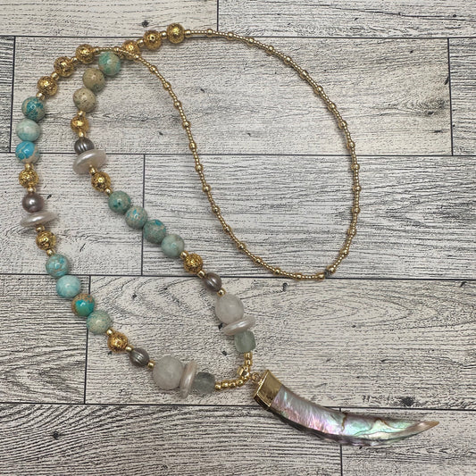 Abalone Pendant with Horn Shape, Faceted Fluorite, Gray Pearls, Coin Shape Pearls, Lava Rock, Turquoise Beads and Golden Glass Seed Beads | Erika Williner Designs