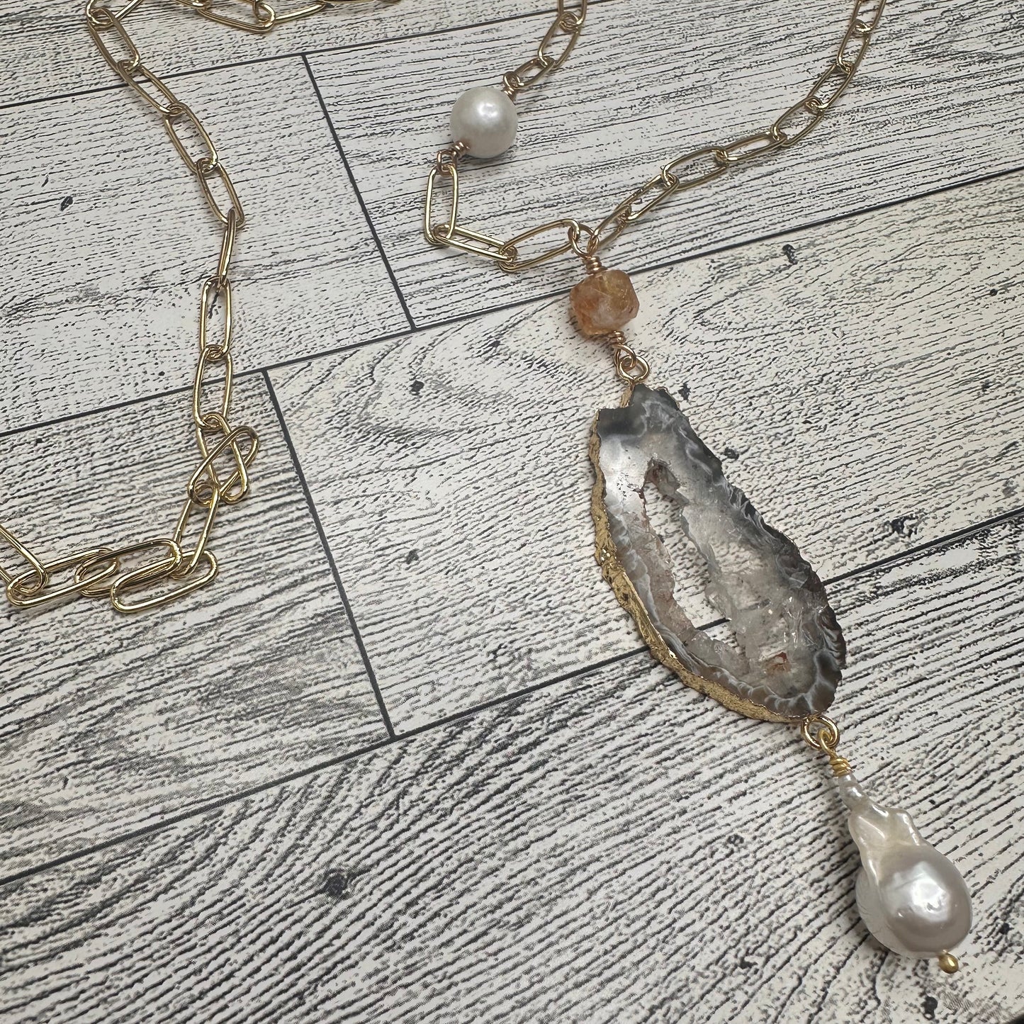 Agate Druzy, Baroque Pearl, Citrines and Fresh water Pearls Paper Clip Chain Necklace | Erika Williner Designs