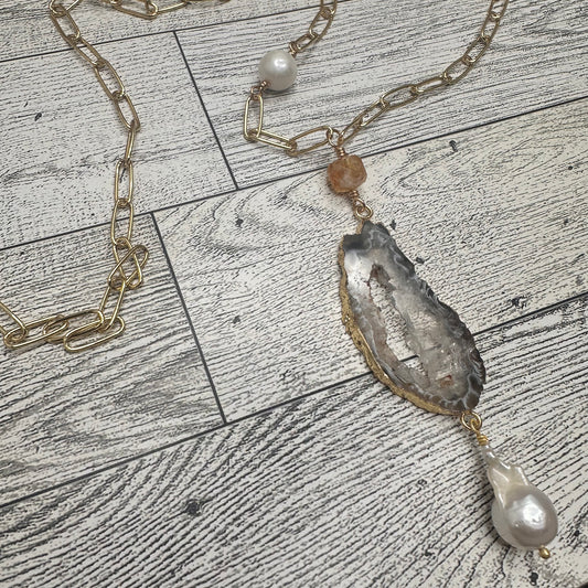 Agate Druzy, Baroque Pearl, Citrines and Fresh water Pearls Paper Clip Chain Necklace | Erika Williner Designs