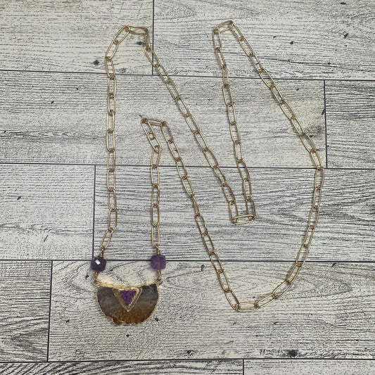 Citrine Pendant with Druzy and Amethysts in Paper Clip Chain Link Long Necklace | Erika Williner Designs