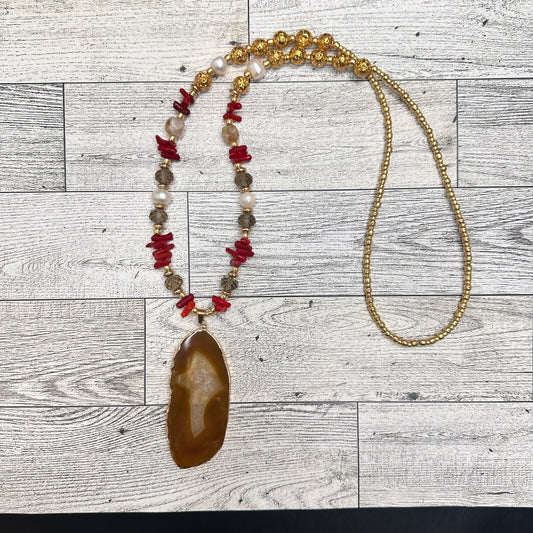 Brown Agate Pendant with Smoky Faceted Crystals, Red Coral Branches, Faceted Citrines, Fresh Water Pearls, Lava Rock and Golden Glass seed Beads | Erika Williner Designs