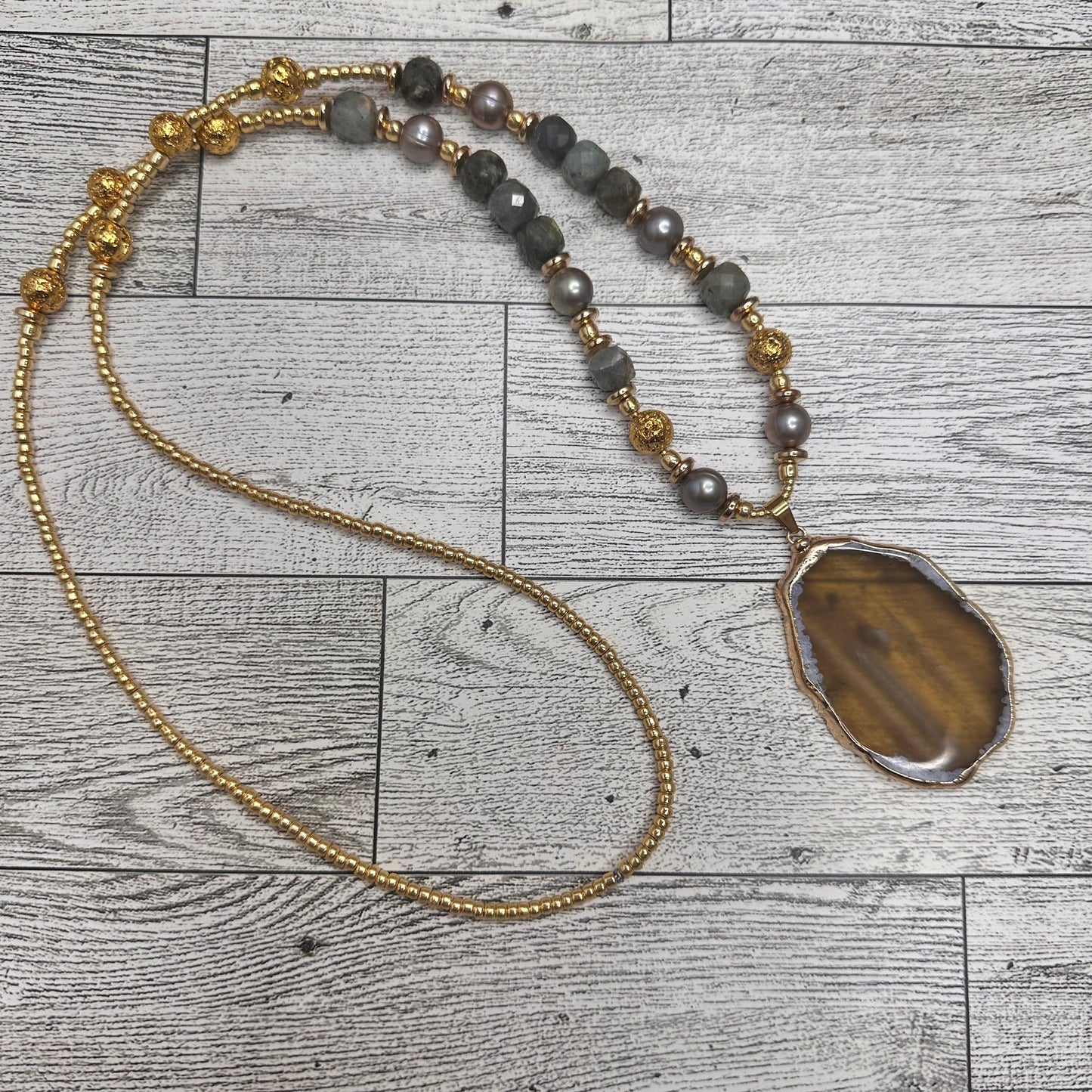 Brown Agate Pendant with Faceted Labradorite Beads, Grey Pearls, Lava rock with Golden Glass Seed beads