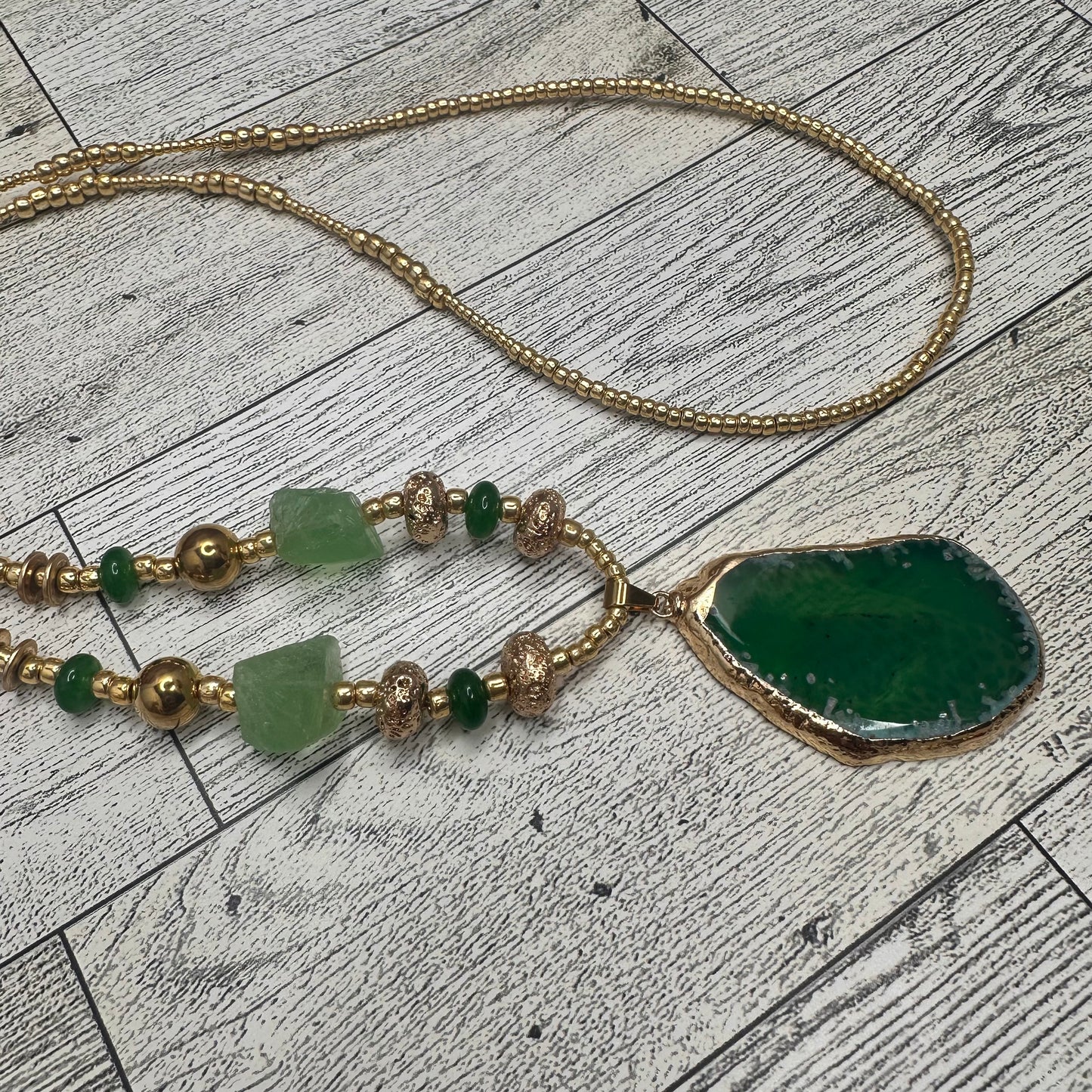 Green Agate Pendant, green agate beads, fluorite, Brown Agates and Lava Rock in a Glass Seed Beads Long Necklace | Erika Williner Designs