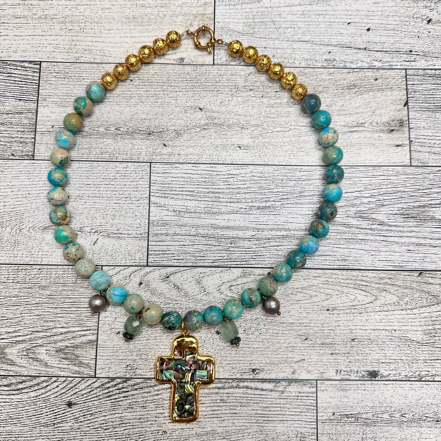 Turquoise, Aquamarine and Gray Pearls necklace with Abalone Cross | Erika Williner Designs