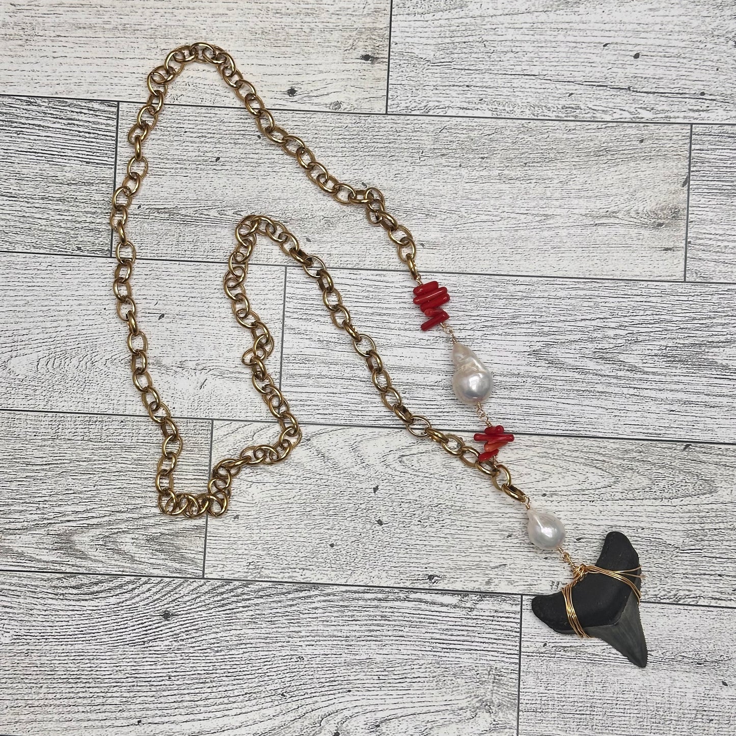 Fossilized Shark Tooth Necklace with Baroque Pearl, Red coral branches and Stainless Steel Chain Link | Erika Williner Designs