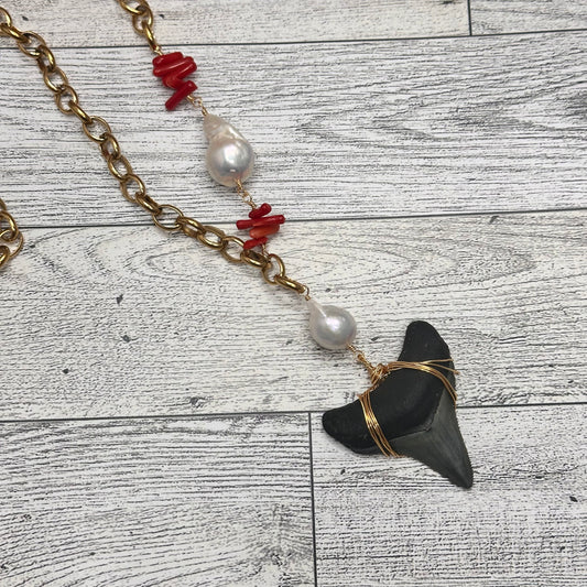 Fossilized Shark Tooth Necklace with Baroque Pearl, Red coral branches and Stainless Steel Chain Link | Erika Williner Designs