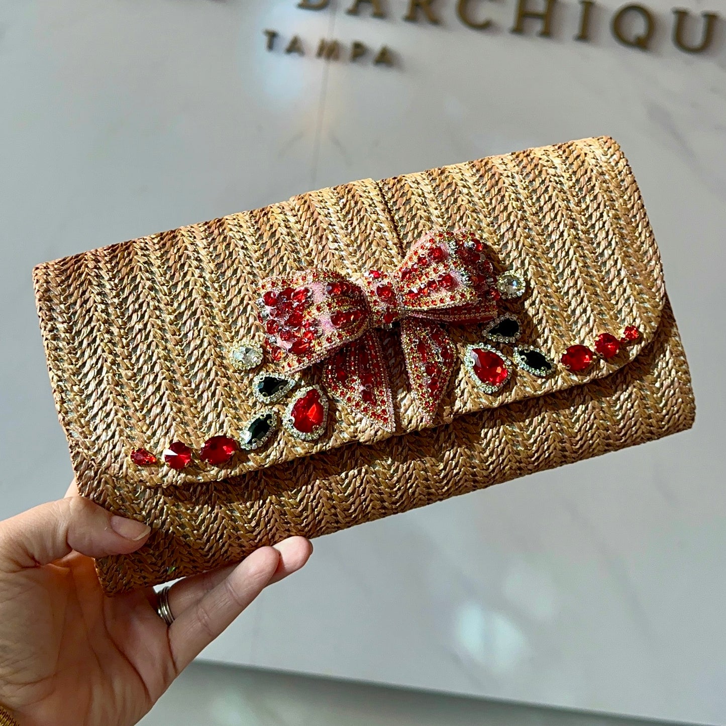 Brown Clutch with Red Sparkly Bow and Black and Clear Accents | Erika Williner Designs