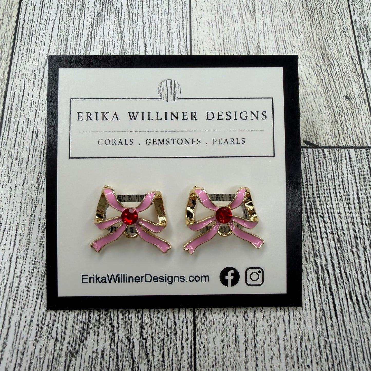Pink Enamel Bows with Red Sparkle Cz Earrings | Erika Williner Designs