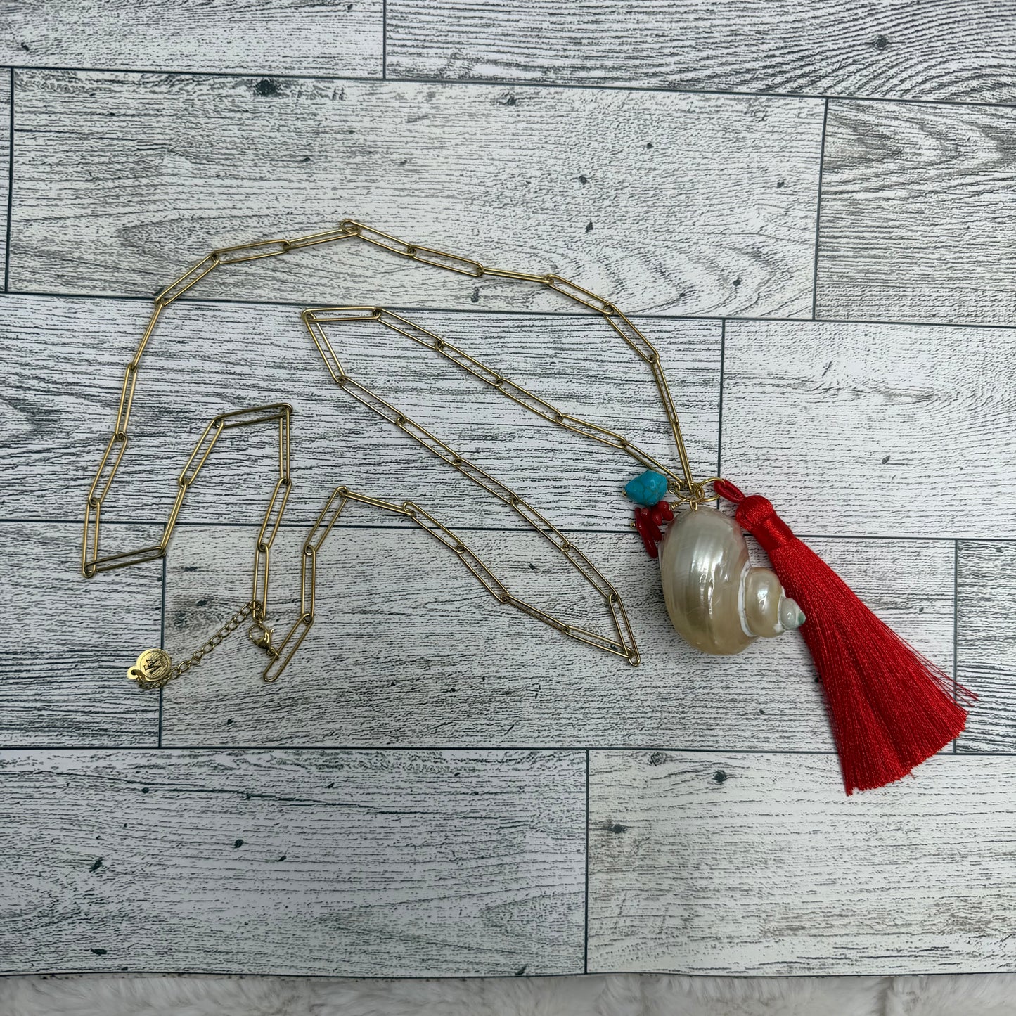 Long Paper Clip Necklace With Shell, Coral, Turquoise and Silk Tassel | Erika Williner Designs