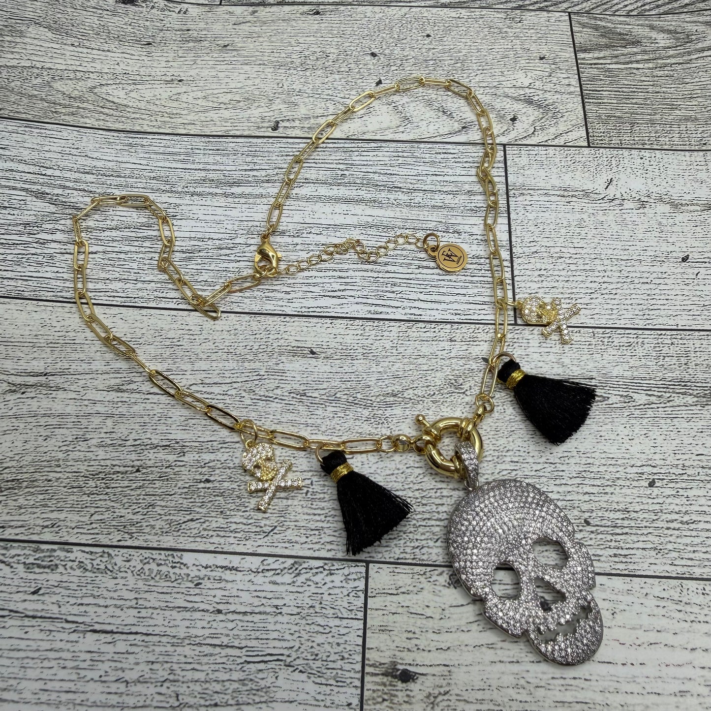 Paper Clip Chain with Pave Skull Pendant and tassels | Erika Williner Designs