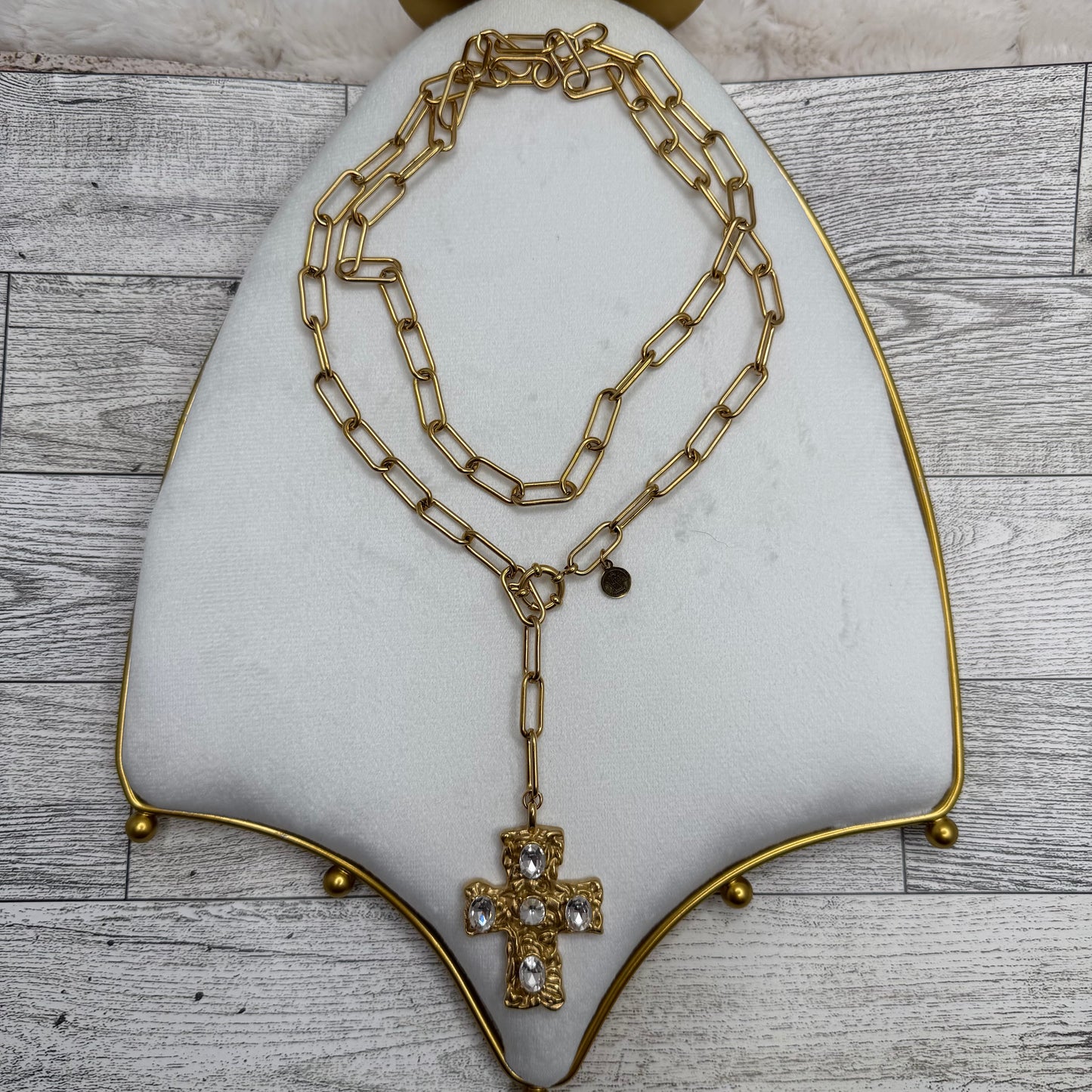 Paper Clip Chain with Golden Cross with Zircons | Erika Williner Designs