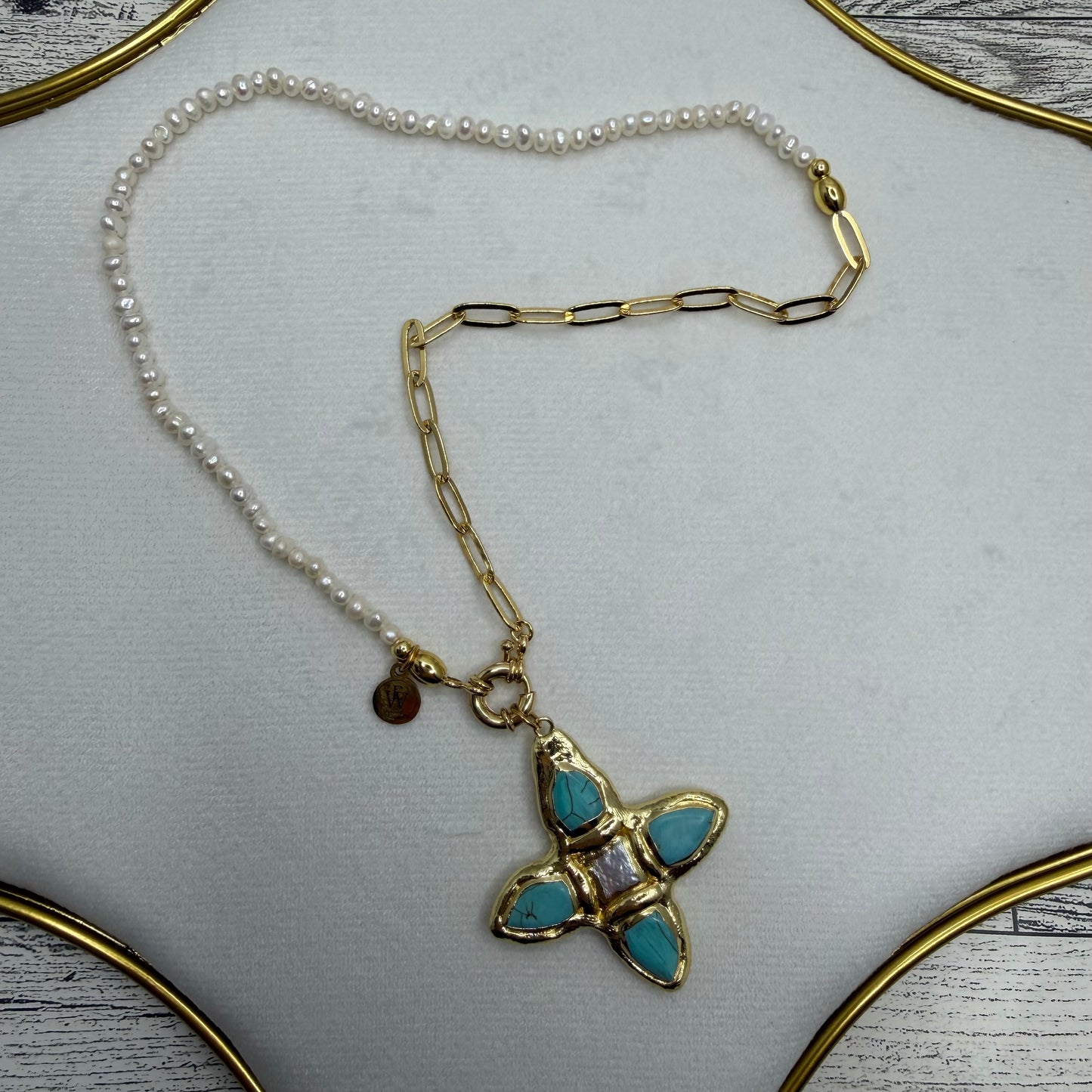 Half and Half Necklace with Turquoise and Pearl Cross Pendant | Erika Williner Designs