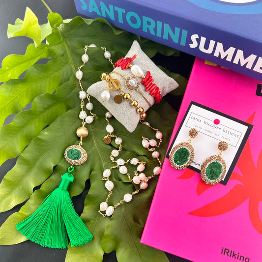 Long Necklace with Pearls, Druzy and Green Tassel | Erika Williner Designs