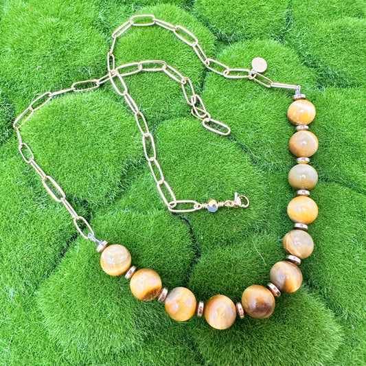 Yellow Acetate Coral Branches, Baroque Pearls, Tiger Eye and Stainless Steel Chain Necklace | Erika Williner Designs