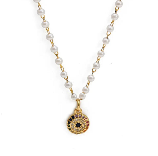 Evil Eye Pendants in dainty Faux pearl chain necklace | Erika Williner Designs