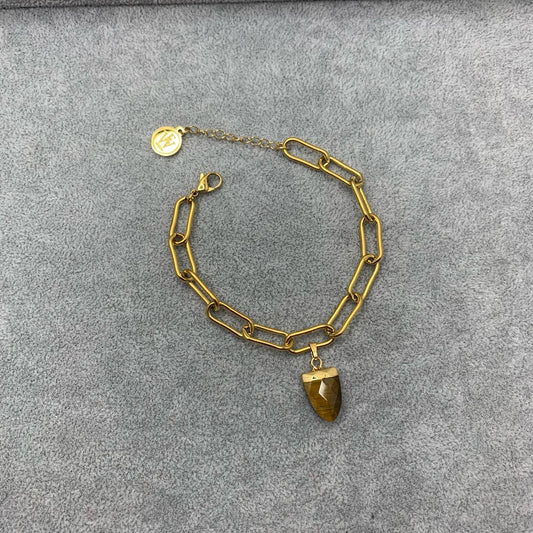 Paper Clip Chain Bracelet with a Tiger Eye Charm in a Shape of Faceted Arrowhead