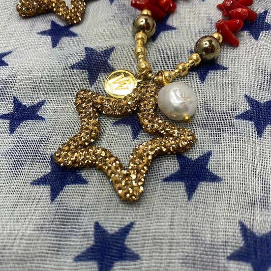Glass Seed Beads Combined with Coral Chips, Fresh Water Pearl, Electroplated Hematite beads Necklace and a Playful Star Pendant