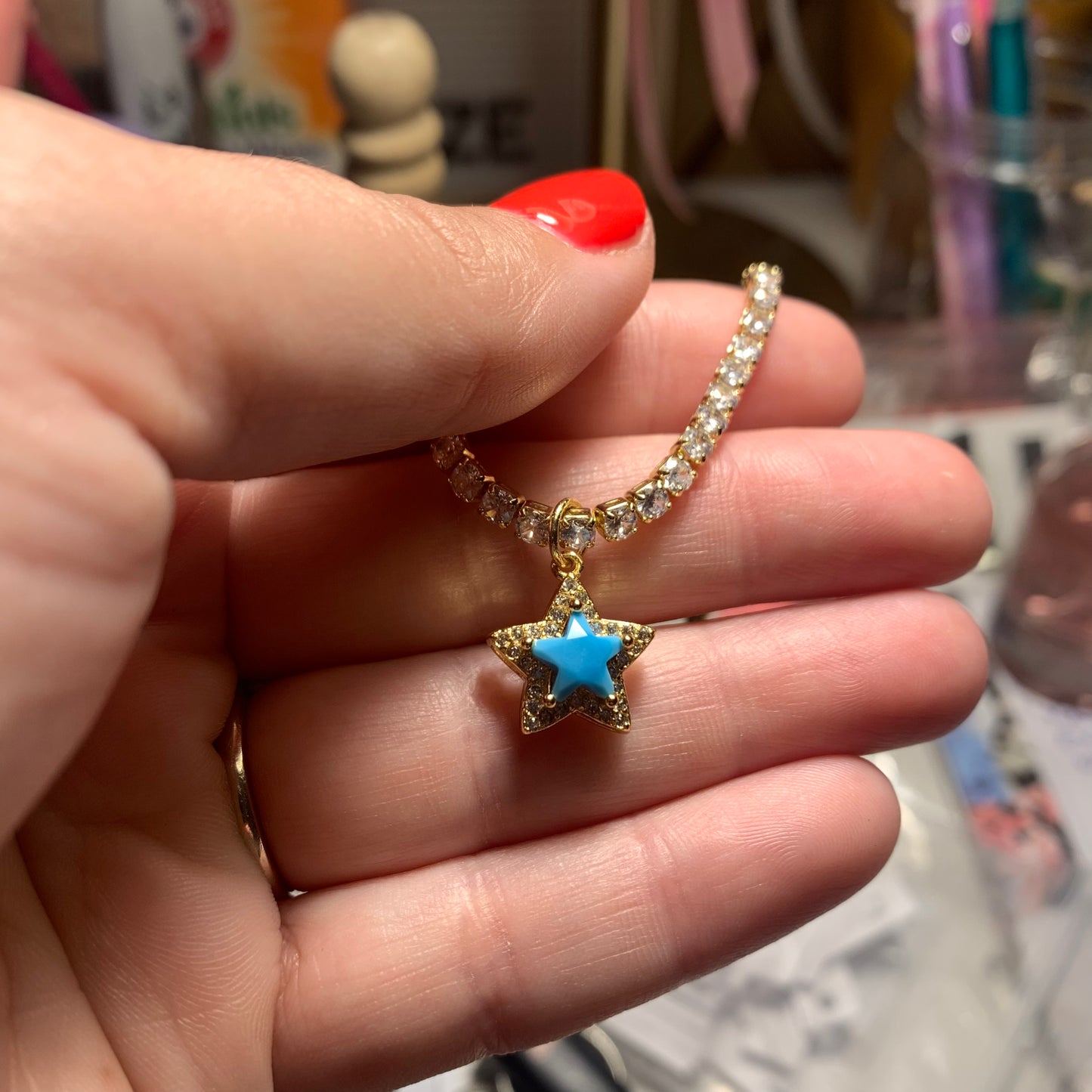 CZ Tennis Necklace with a Sparkling Turquoise Star Pendant