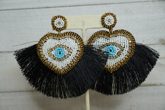 Black Beaded Evil Eye and Tassel Fringe