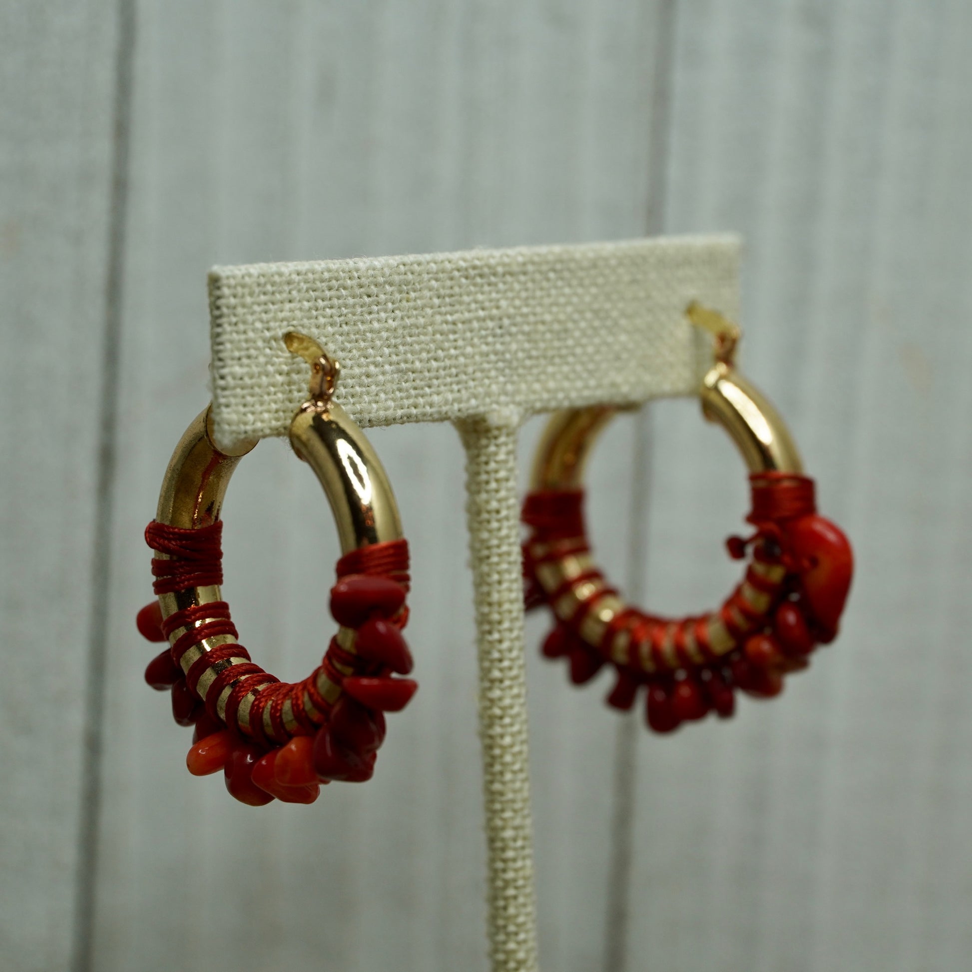 Gold Hoops with Red Stone Embellishment