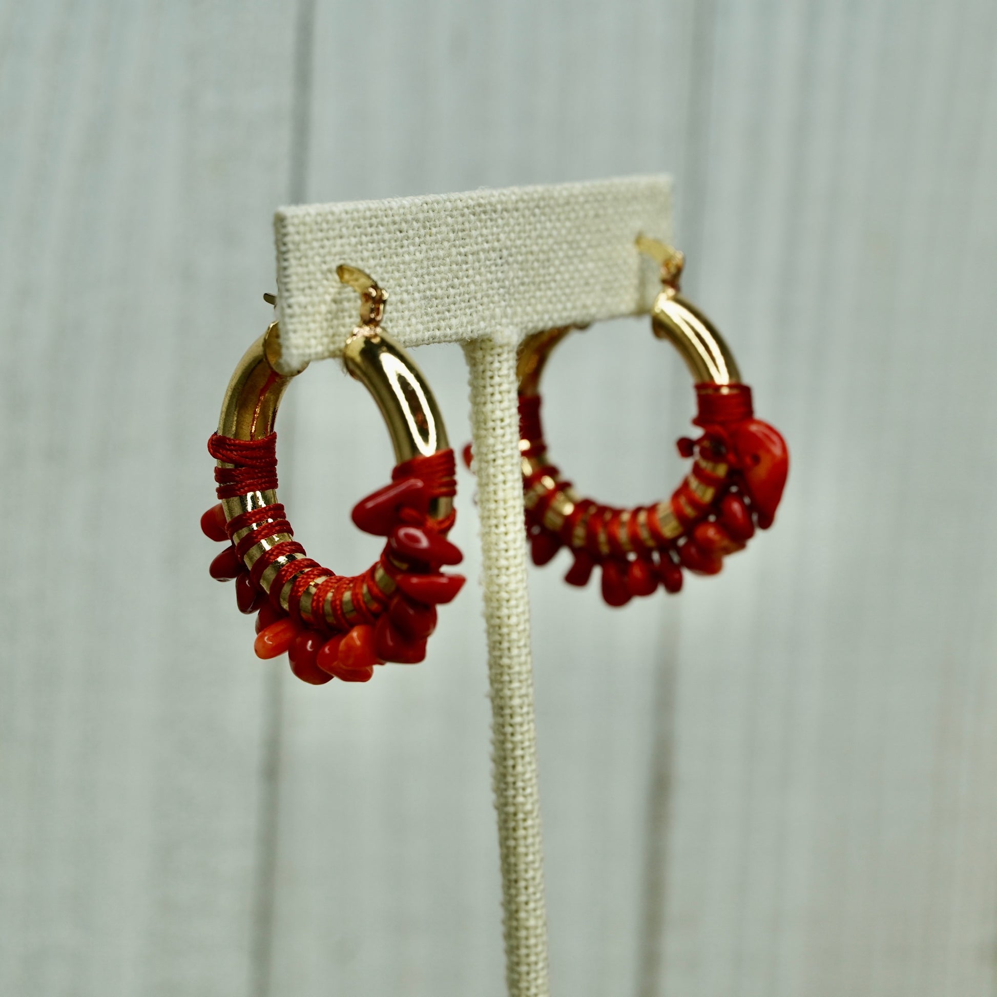 Gold Hoops with small Red Stone Embellishment