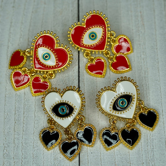 Heart Shape Enamel Earrings with Evil Eye Design