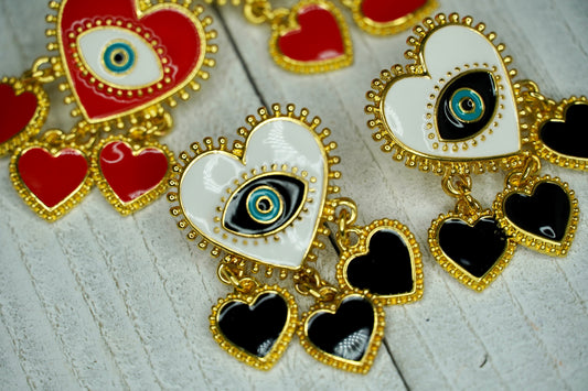 Heart Shape White Enamel Earrings with Evil Eye Design
