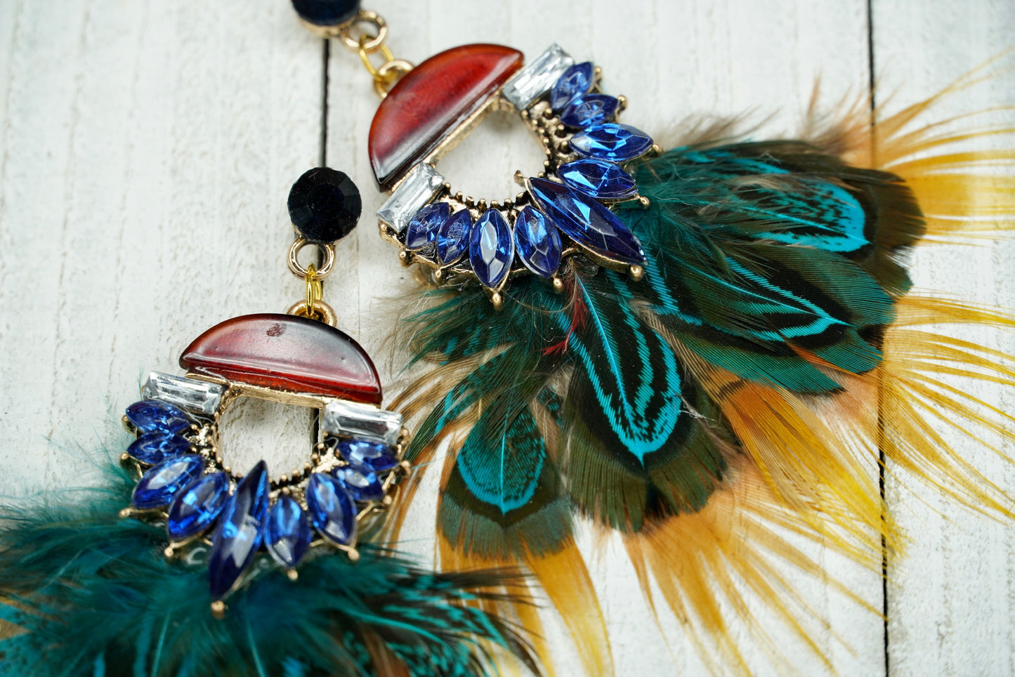 Aztec Peacock Feather with Maroon and Sunset Earrings 240-1 | Erika Williner Designs