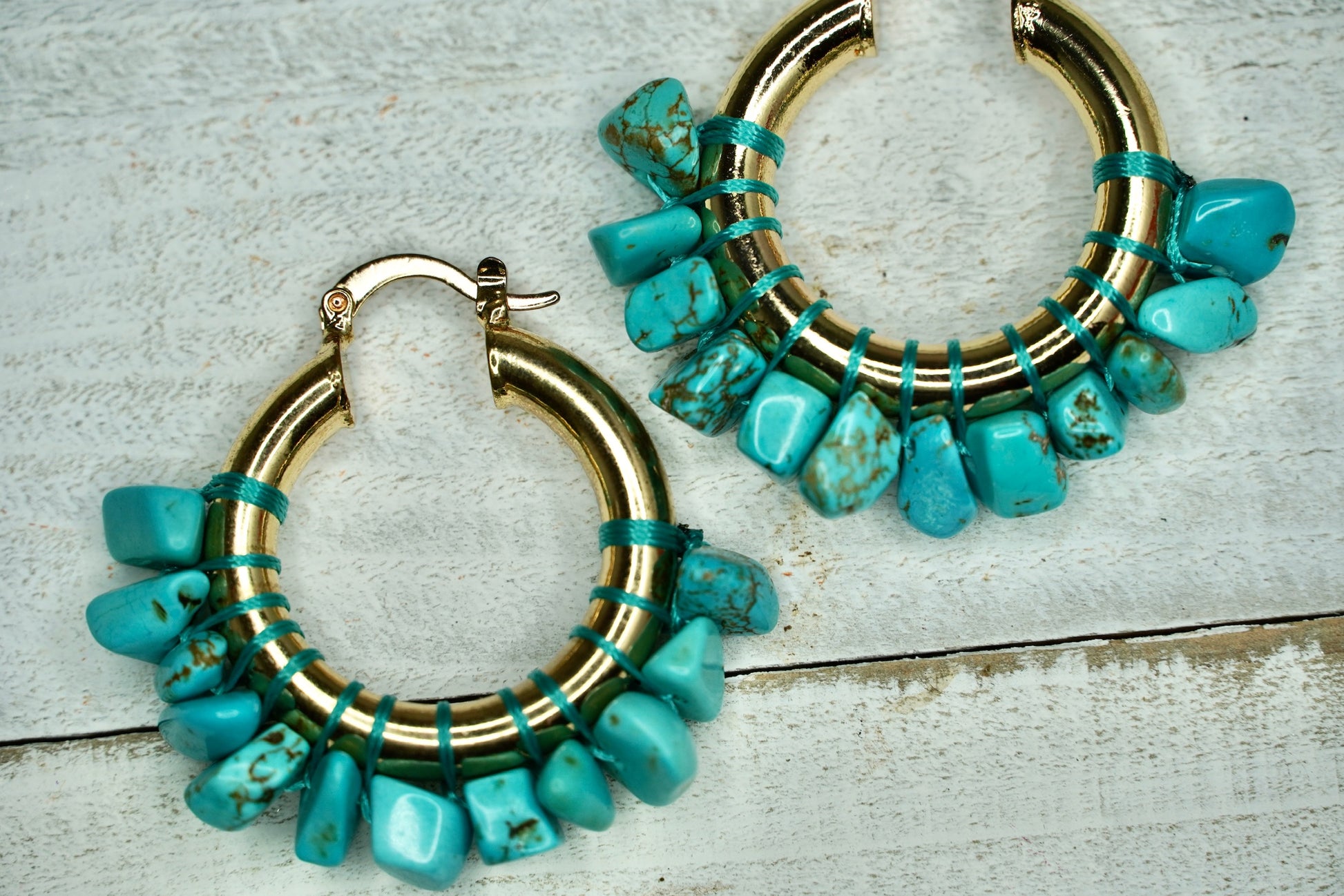 Gold Hoops with nice Turquoise Stone Embellishment