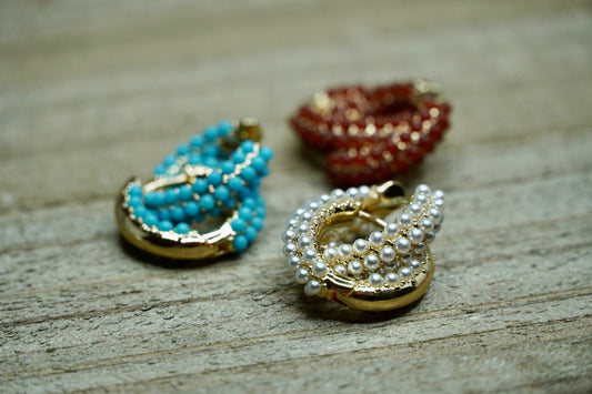 Beaded Gold Hoop Earrings in Turquoise, Red and White 