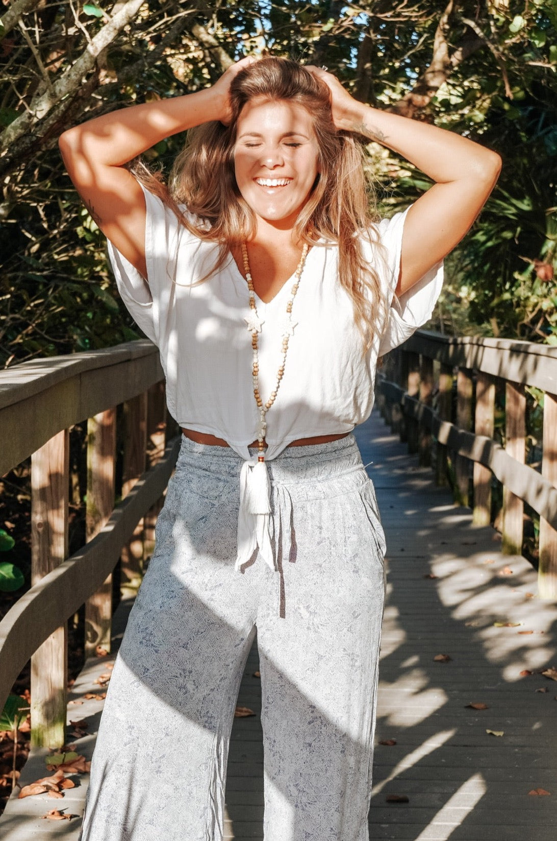 Wood Beads with Magnesite Round and Stars Beads Necklace with a Playful Cotton Tassel