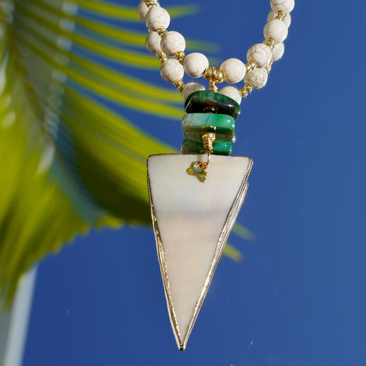White Howlite Round Beads, Fresh Water Pearls, Green Agate, Golden Glass Beads and a Unique Mother of Pearl Pendant in a Triangle Shape